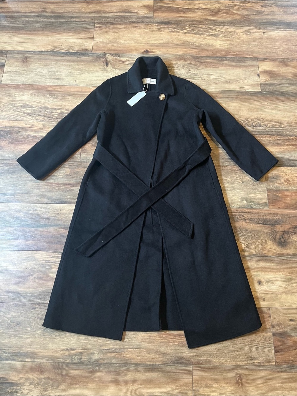 NWT Silk Maison 100% Wool Wrap Coat Womens XS Black Belted Long Overcoat Elegant